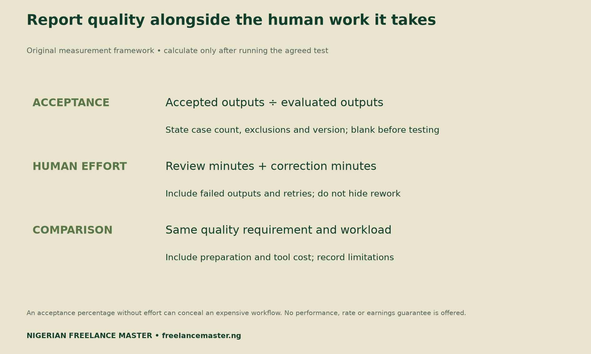 AI workflow reporting framework combines acceptance, human review effort and a comparable baseline; no measured performance claimed.