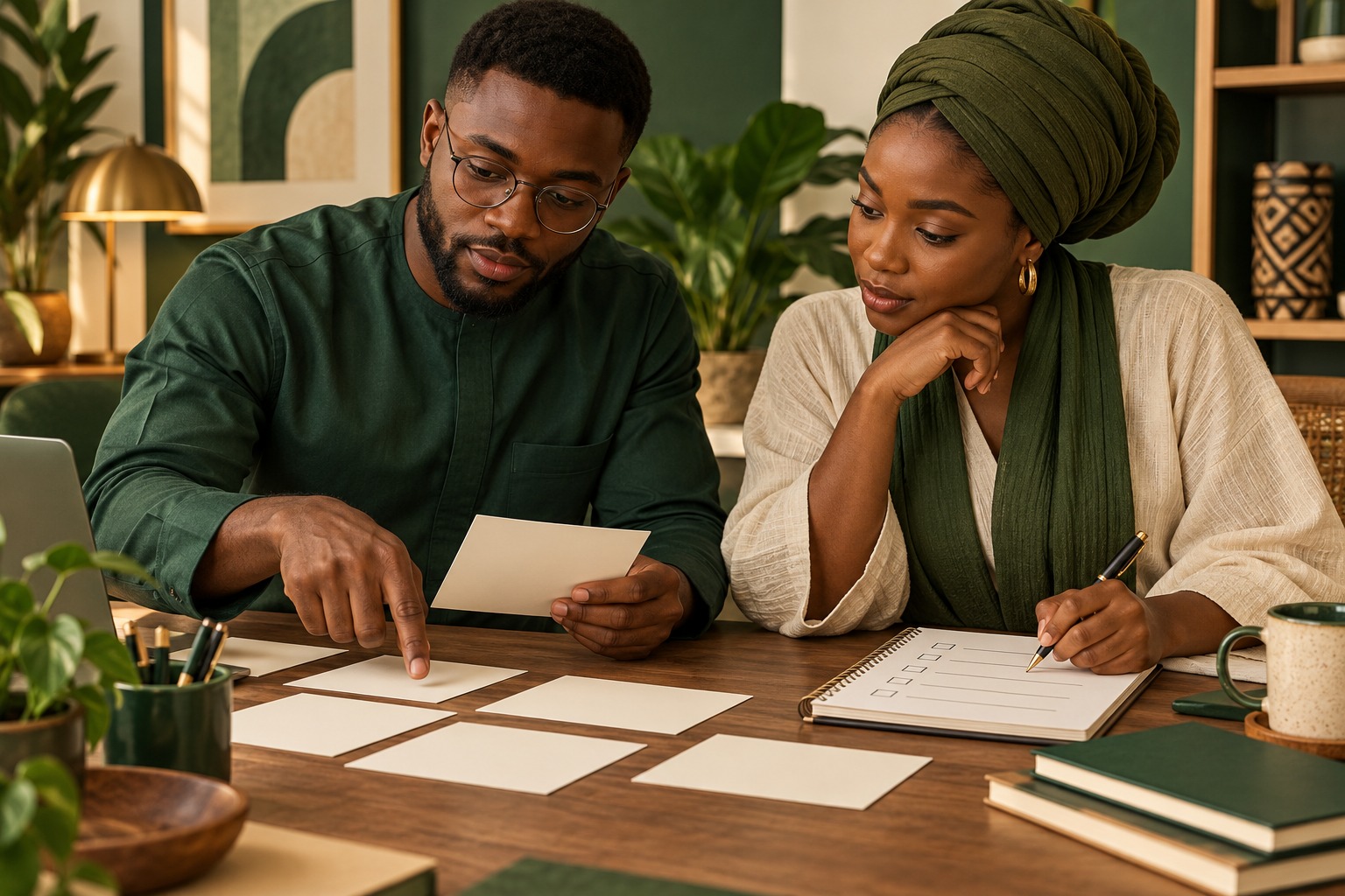 Conceptual illustration of two Nigerian professionals checking anonymised output cards and recording review decisions.
