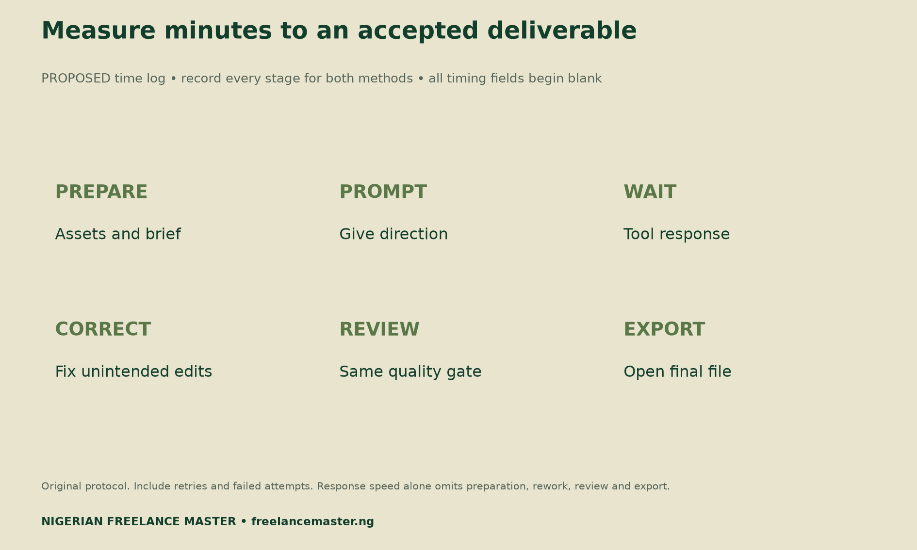 Proposed timing log records preparation, prompting, waiting, correction, quality review and export for both methods.
