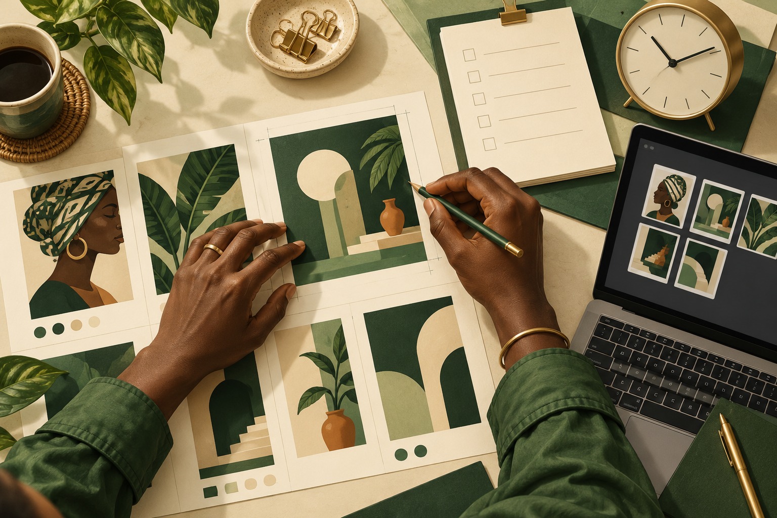 Conceptual illustration of a designer checking approved elements and export quality beside a blank checklist.