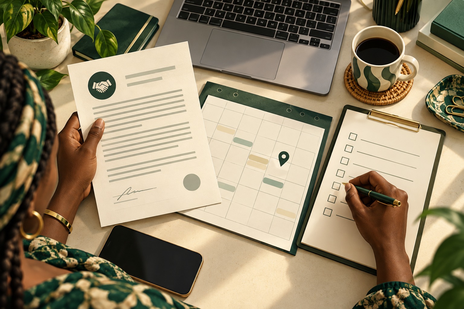 Conceptual illustration of a Nigerian freelancer checking fictional contract, location and calendar details before applying.