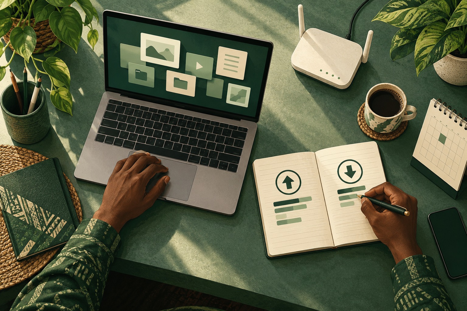 Conceptual illustration of a Nigerian freelancer recording downloads, uploads and recurring work activities beside a laptop and router.
